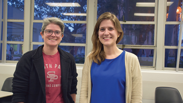 S.J. Crasnow, left, and Teresa Walch, right, pose in a Taper Hall classroom.