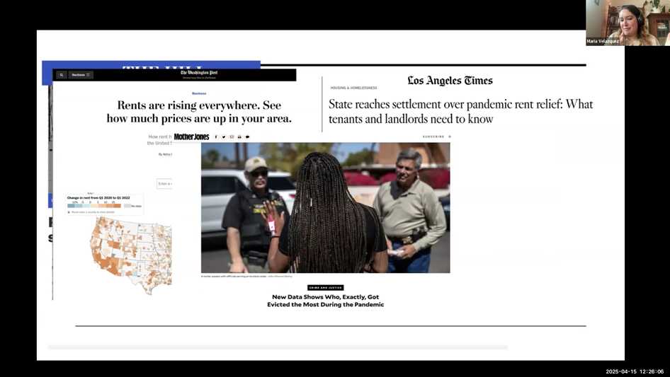 a collage of media articles on the California housing crisis and rents