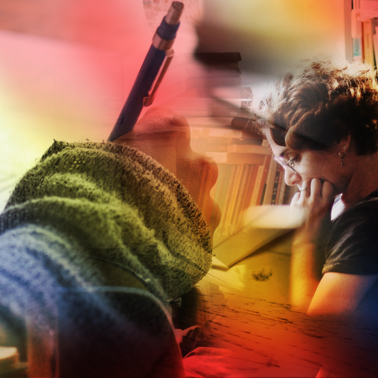 collage with cardinal gradient overlay of students studying featuring a close up of a hand writing